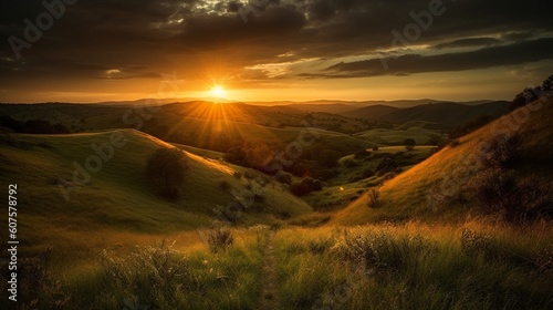 Golden Horizon: Captivating Sunset Casting Warm Glow on Rolling Hills