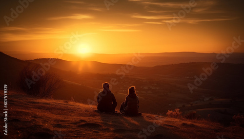 Couple embraces, backlit by sunset on mountain generated by AI