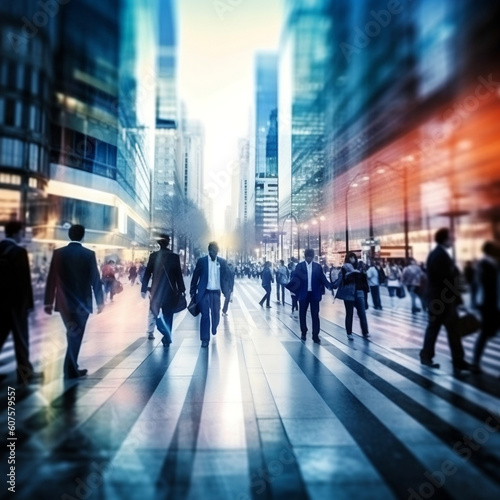 Dynamic motion of urban professionals walking through cityscape  generative AI