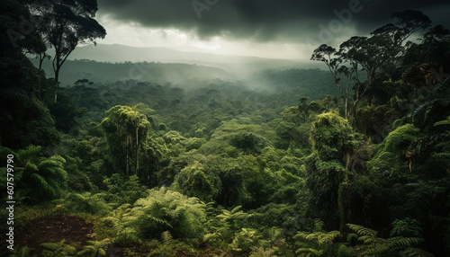 Green trees, fog, and mountain range background generated by AI © Jeronimo Ramos