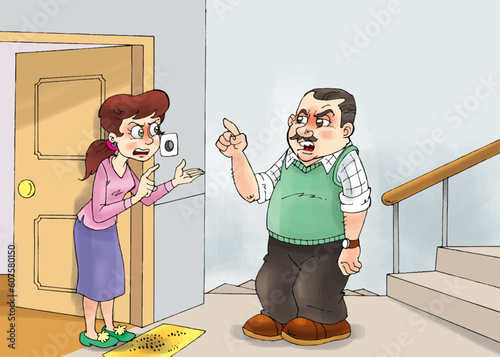 man and woman arguing in front of the door, quarrel, argument, communication, angry people