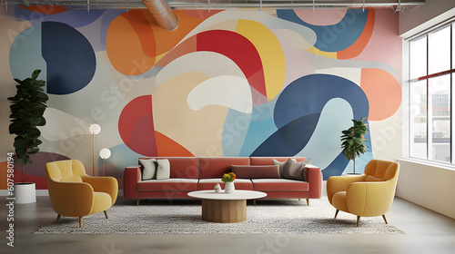 modern living room w/ mural