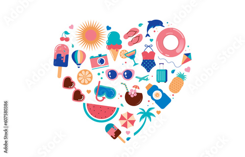 Summertime vibes heart design with cute summer beach doodles and icons. Feel the summer vector graphic elements collection.