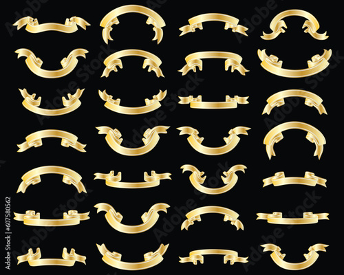 Set of golden ribbons with silver stripes. Vector illustration.