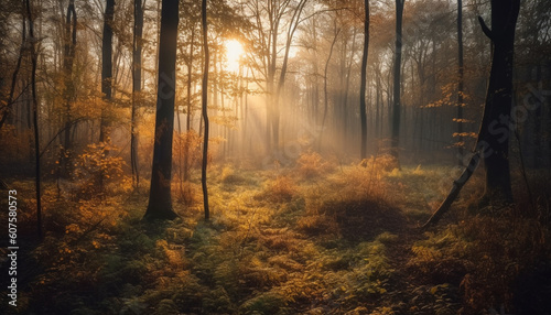 Autumn forest glows in vibrant gold sunlight generated by AI