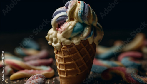 Indulgent ice cream cone with fruity toppings generated by AI