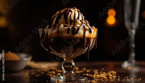 Indulgent dessert table with gourmet chocolate sauce generated by AI