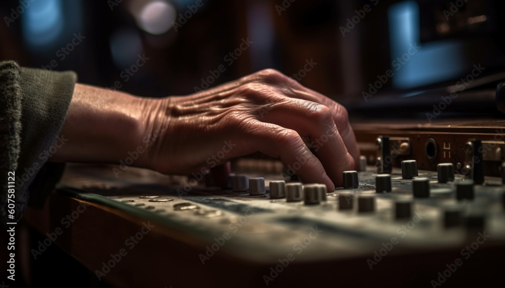 Finger on knob, musician adjusts sound levels generated by AI Finger on knob, musician adjusts sound levels generated by AI