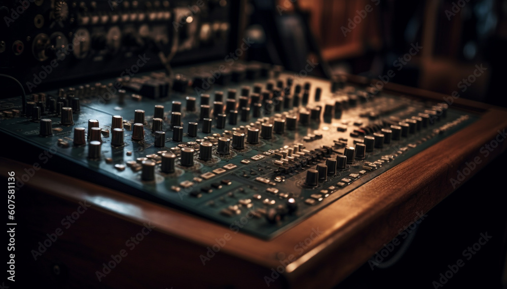 Sound engineer adjusts knobs on mixing desk generated by AI Sound engineer adjusts knobs on mixing desk generated by AI