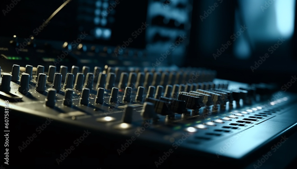 Sound engineer pushing knobs on mixer panel generated by AI