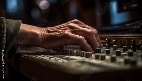 Finger on knob, musician adjusts sound levels generated by AI