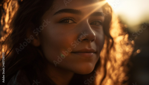 Young woman smiling, enjoying nature beauty generated by AI