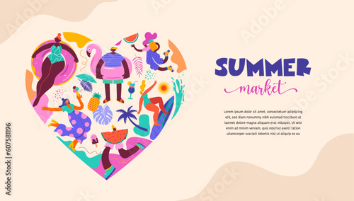 Summer market heart design with cute vacation doodles and icons. Feel the summer concept - beach vector graphic elements collection.