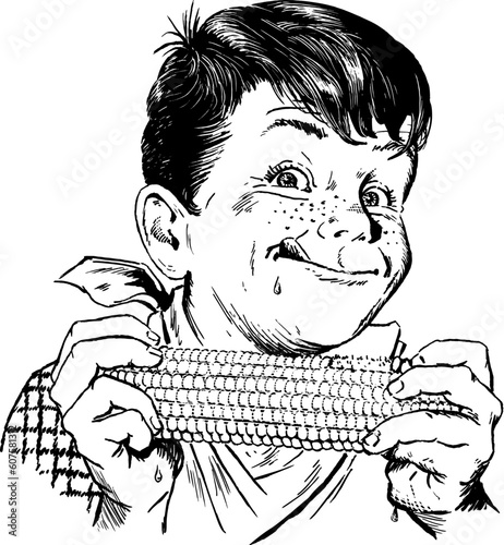 Vintage 1950s etched-style boy eating corn on the cob; detailed black and white from authentic hand-drawn scratchboard.