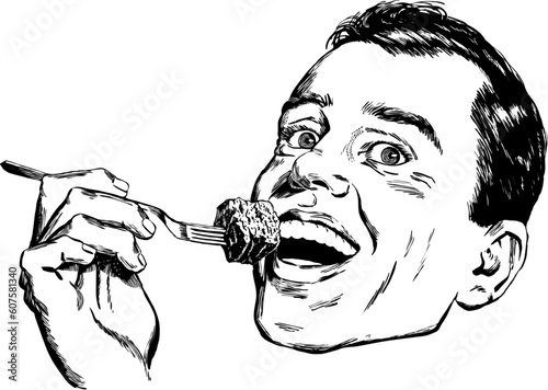 Vintage 1950s etched-style man taking a bite of..something!  Detailed black and white from authentic hand-drawn scratchboard.