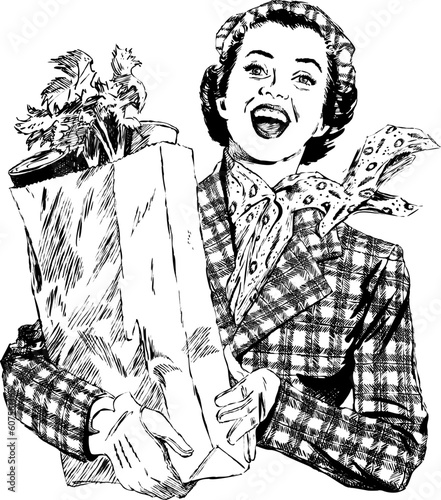 Vintage 1950s etched-style woman with grocery bag.  Detailed black and white from authentic hand-drawn scratchboard.