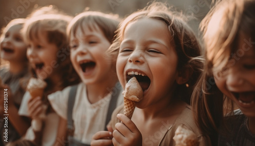 Smiling children holding ice cream, enjoying summer generated by AI