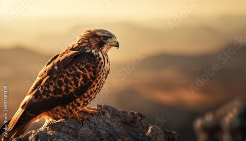 Majestic hawk perching on mountain, watching sunset generated by AI