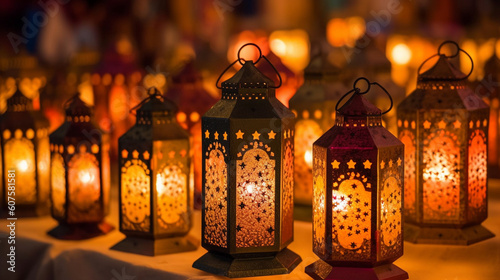 Ornately decorated lanterns casting a warm glow on a festive gathering Generative AI
