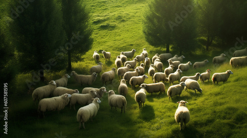 A flock of sheep gracefully roaming in a lush green pasture Generative AI