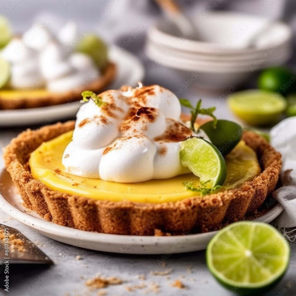 Key Lime Pie on a plate. Generative AI. Key Lime Pie on a plate. Generative AI.