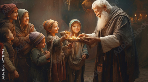 An elderly person kindly distributing gifts to children Generative AI