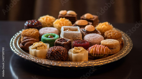 A close-up of traditional Arabic sweets arranged in a decorative tray Generative AI photo