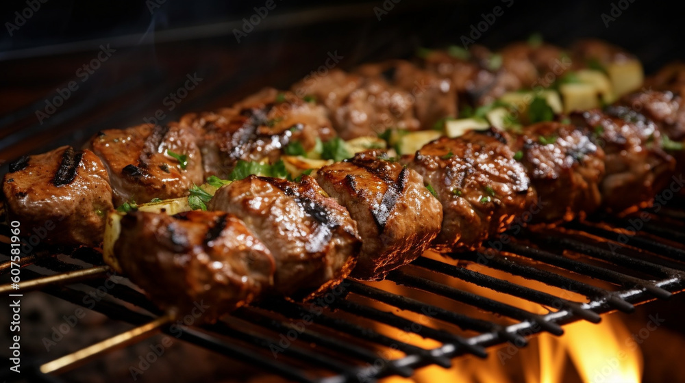 A close-up of a deliciously spiced lamb kebab sizzling on a grill Generative AI A close-up of a deliciously spiced lamb kebab sizzling on a grill Generative AI
