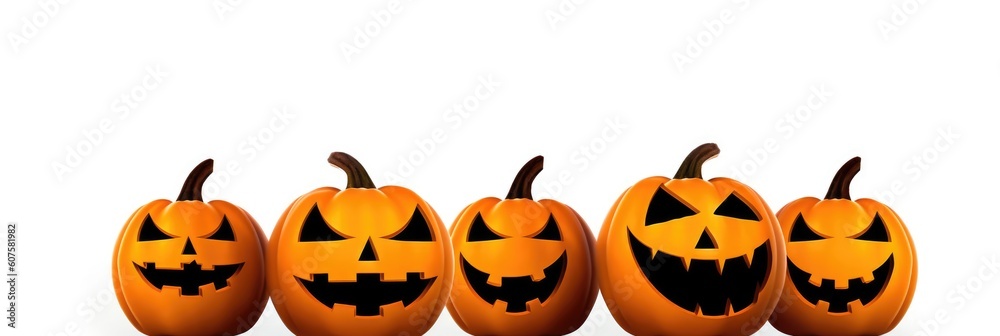 halloween jack o lantern pumpkins in a row on white background. Generative AI