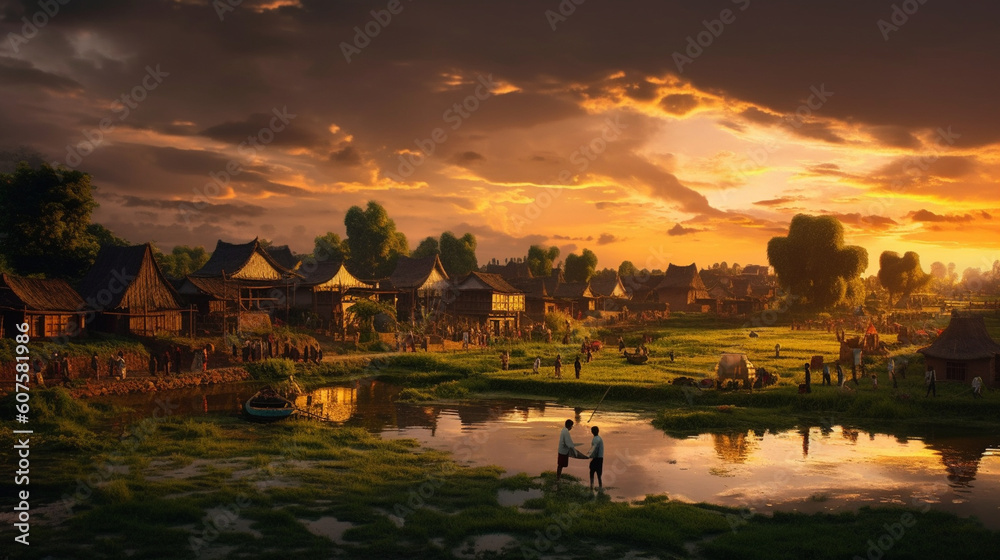 Fototapeta premium A stunning sunset over a picturesque village celebrating Eid Generative AI