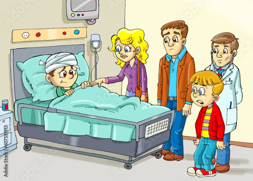 sick child in hospital, patient visit, family visit, mother, father, sibling, illness, injury