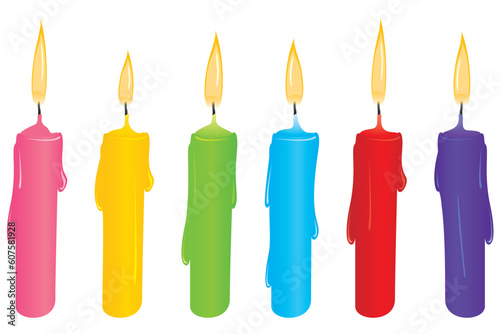 Set of six colourful candles.  Isolated on white and grouped for easy editing.
