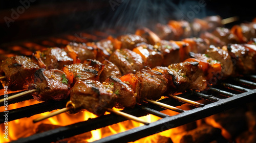 A close-up of a deliciously spiced lamb kebab sizzling on a grill Generative AI