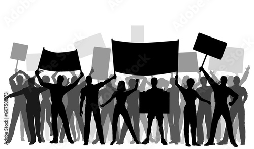 Editable vector silhouettes of protesters and banners with all elements as separate objects