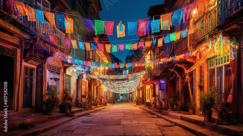 A vibrant street decorated with colorful banners and lights Generative AI