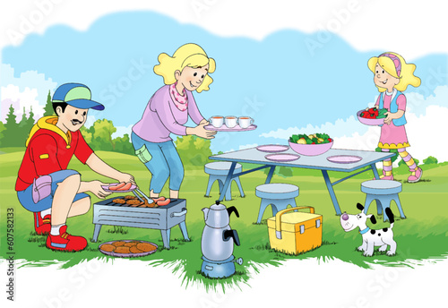 family having picnic in the forest, mother, father, child, dog, barbecue fire, cooking meat, forest, grass, trees