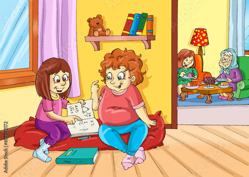 children studying at home, students studying, grandma, mother, mathematics, lesson, obese child, mattress