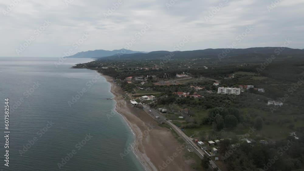 Aerial view of an empty beach along the Thracian Sea, Makri, East Macedonia and Thrace, Greece. Aerial view of an empty beach along the Thracian Sea, Makri, East Macedonia and Thrace, Greece.