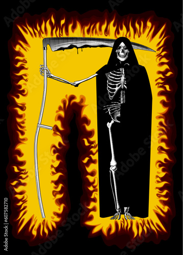 Engraved vintage drawing of Scytheman skeleton in black raincoat with a scythe against fire background on black. Vector illustration