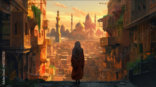 An ancient cityscape with towering minarets and narrow alleyways, where a girl in an ornate burqa explores the rich history Generative AI