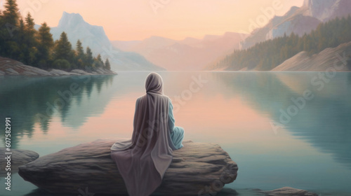 A tranquil lakeside scene at dawn, with a girl in a pastel-colored burqa enjoying the serene beauty of nature Generative AI