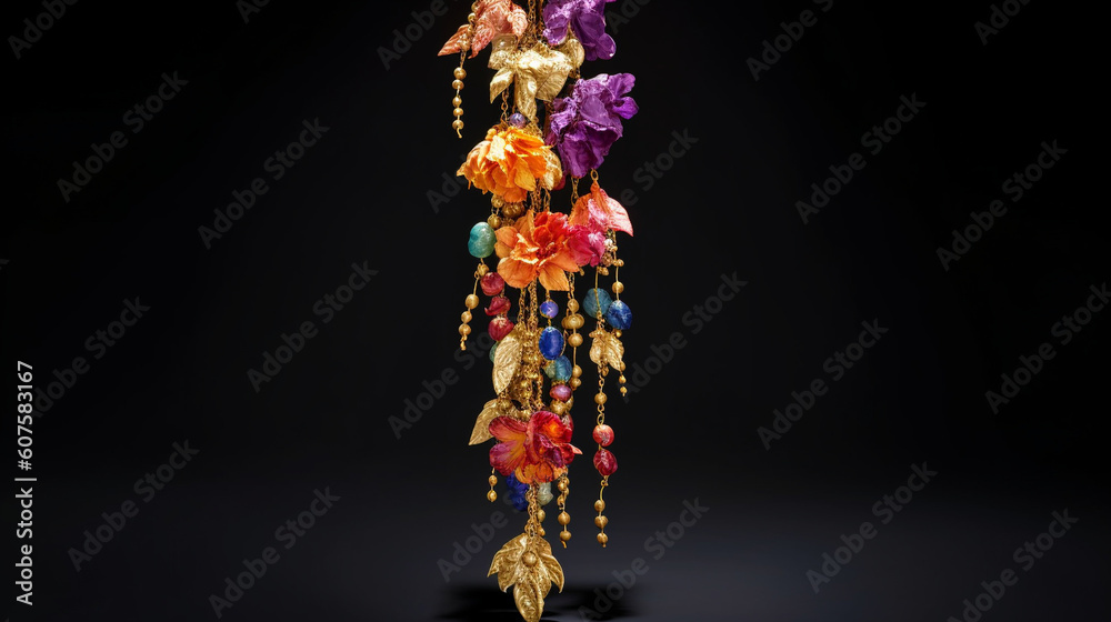 A mesmerizing cascade of prayer beads delicately intertwined with vibrant flowers and shimmering gold Generative AI