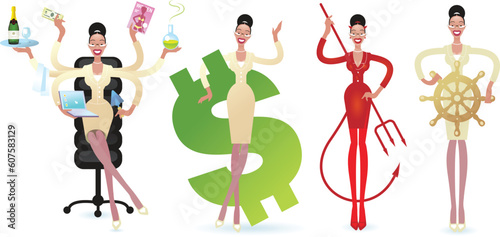 A cartoon business Woman in a variety of poses with some attribute of different  work’s situations. Holding a  dollar sign, holding  a  steering-wheel,  with a devilish (awful) aspect  and like six ar