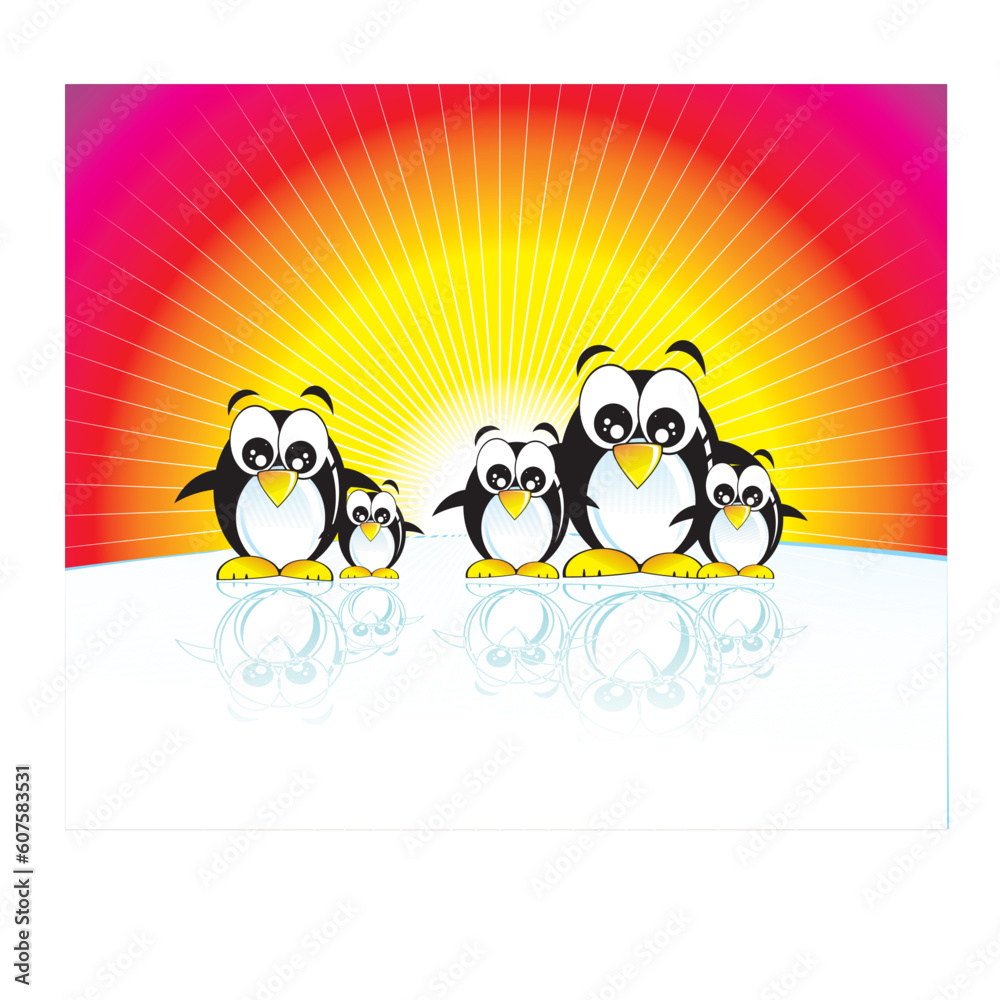 Funny family of penguins and south pole Funny family of penguins and south pole