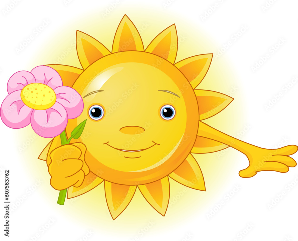 Cartoon Character  of Cute Summer Sun giving a flower