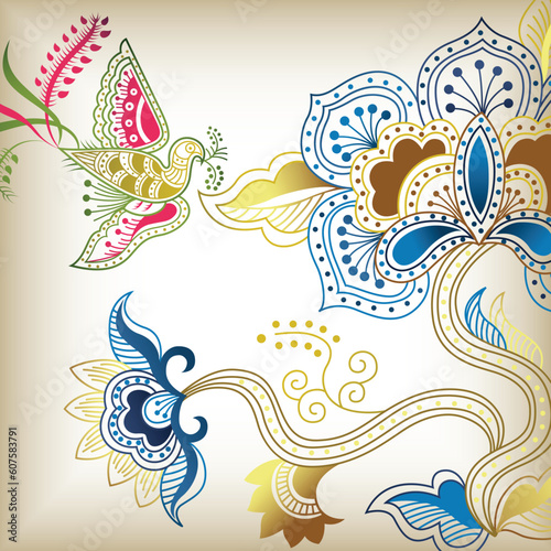 Floral Abstract with Bird in Chinese Style.