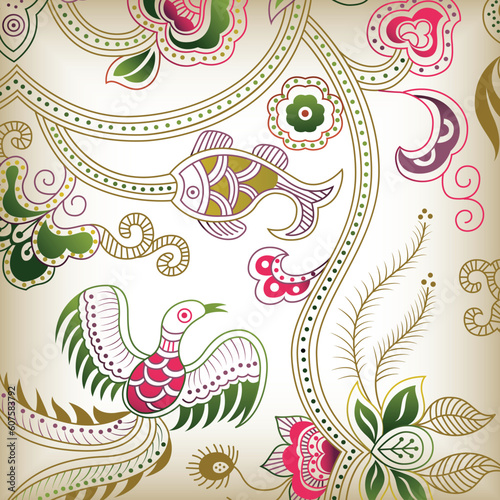 Floral Abstract with Bird in Chinese Style.