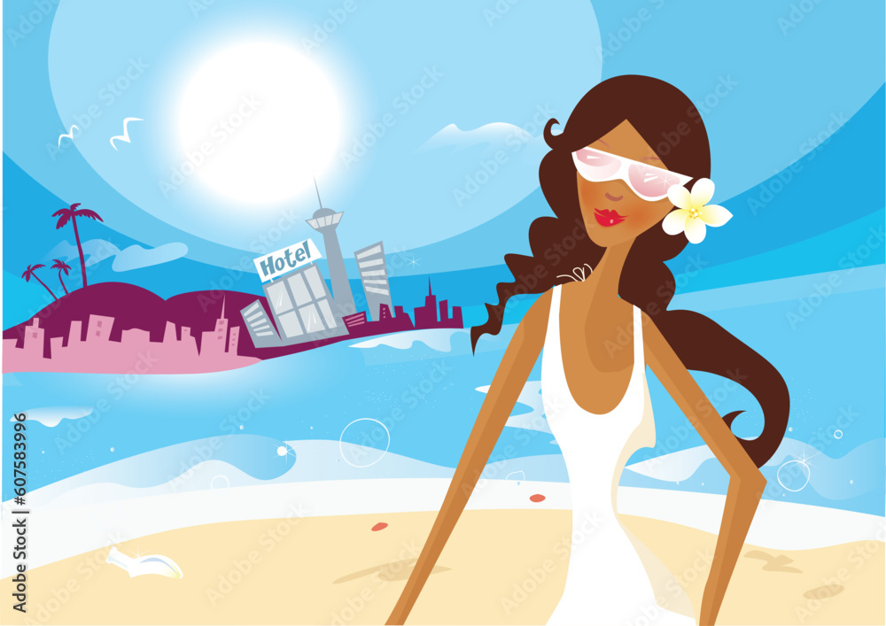 Summer is coming!Beautiful sexi girl on beach. Art vector Illustration.