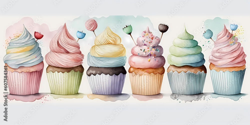 Set of colorful vanilla and berry cupcakes illustration, generative AI