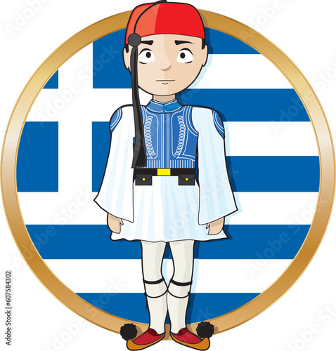 A Greek Evzone standing at attention in frontof a Greek flag